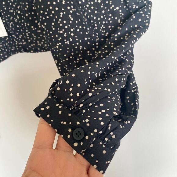 A New Day Boho Black White Balloon Sleeve Blouse Ruched Crop Top Size Medium - Picture 4 of 12